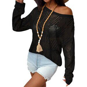 Crochet Women Top Summer Long Sleeve Hollow Out Knit Beach Cover-Up Small